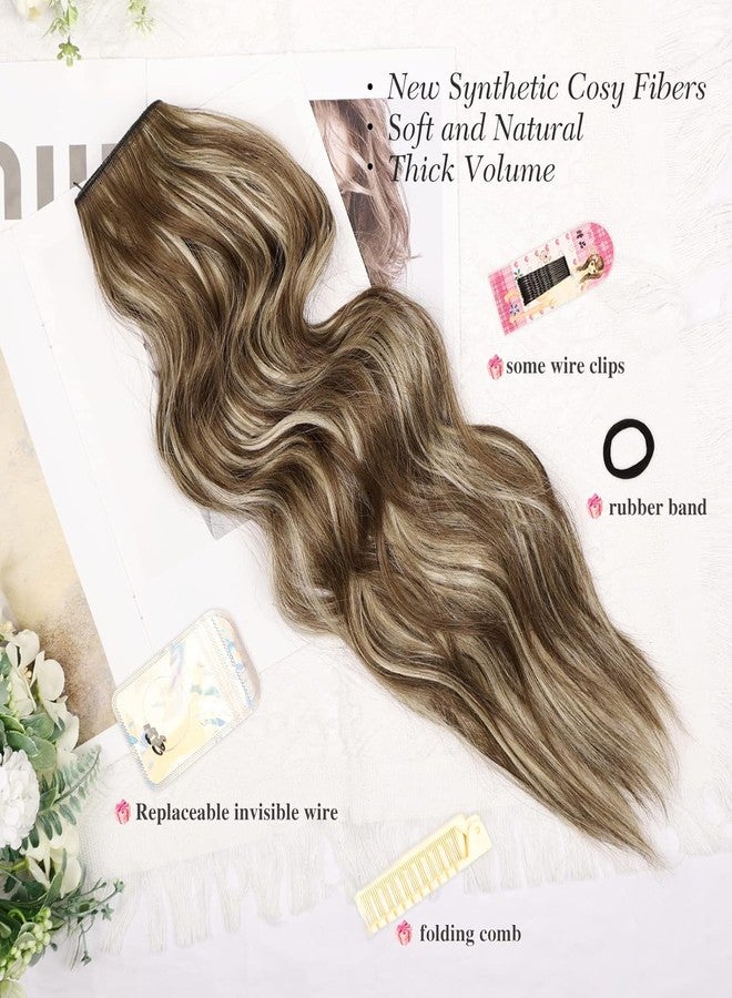 MORICA Halo Hair Extensions 20 Inch Light Brown Mix Ash Blonde Invisible Wire Hair Extensions,Long Wavy Synthetic Hairpiece with Transparent Wire Adjustable Size, 4 Secure Clips for Women - Image 2